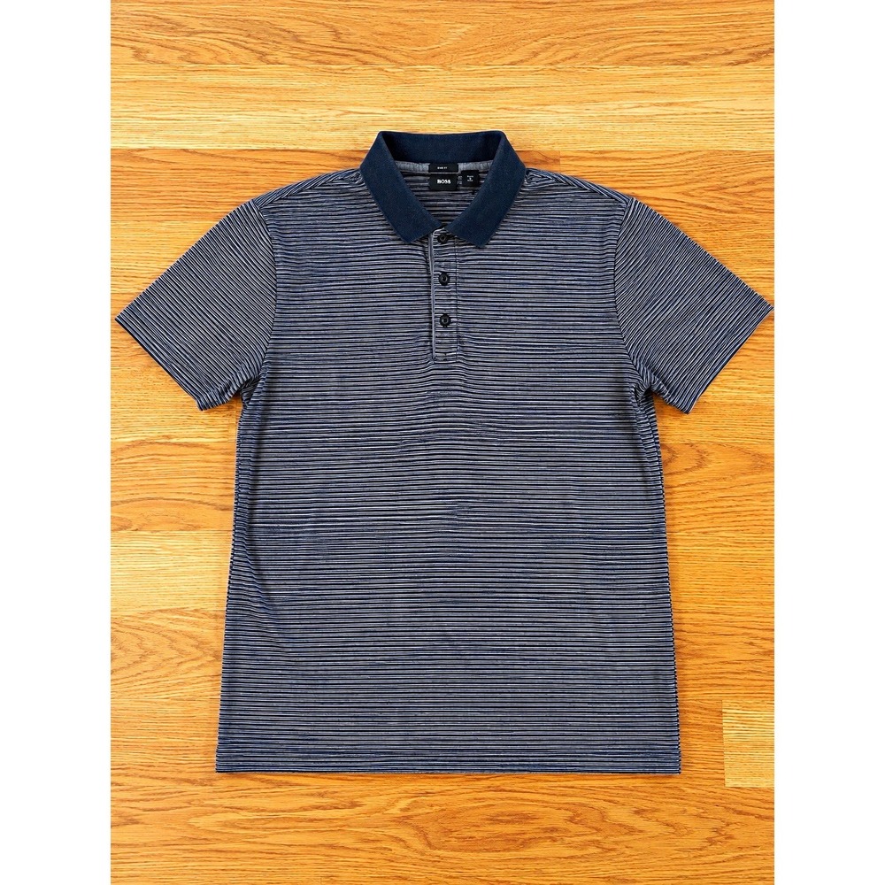 Hugo Boss Polo Shirt Mens XL Slim Fit Navy Gray Stripe Knit Logo Buttons Golf